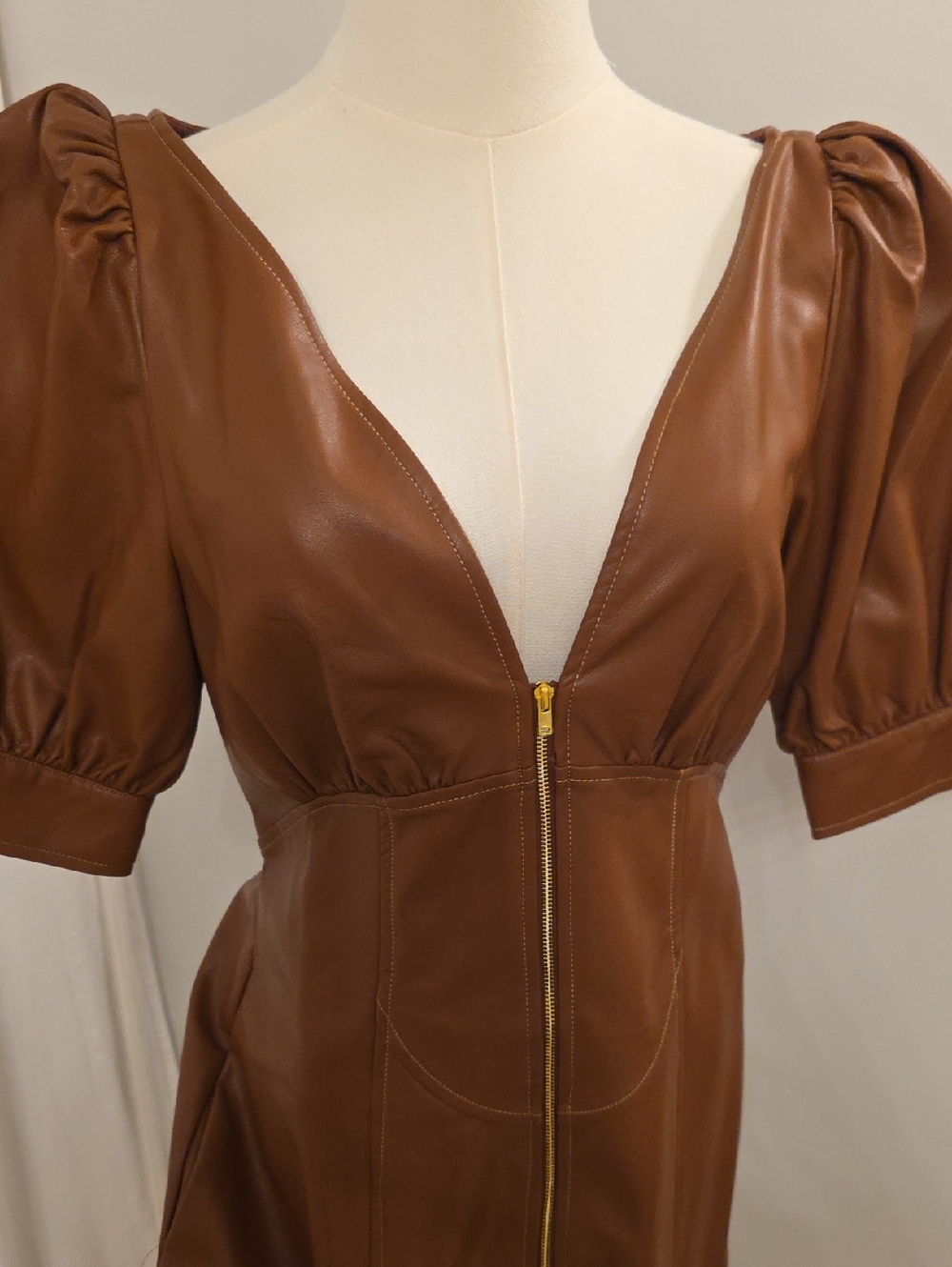 Anthropologie Chestnut Brown Faux Leather Puff-Sleeve Zip Jacket